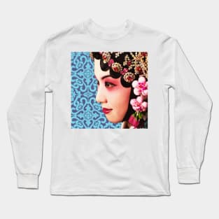 Chinese Opera Star Blue with Purple Tile Floor Pattern- Hong Kong Retro Long Sleeve T-Shirt